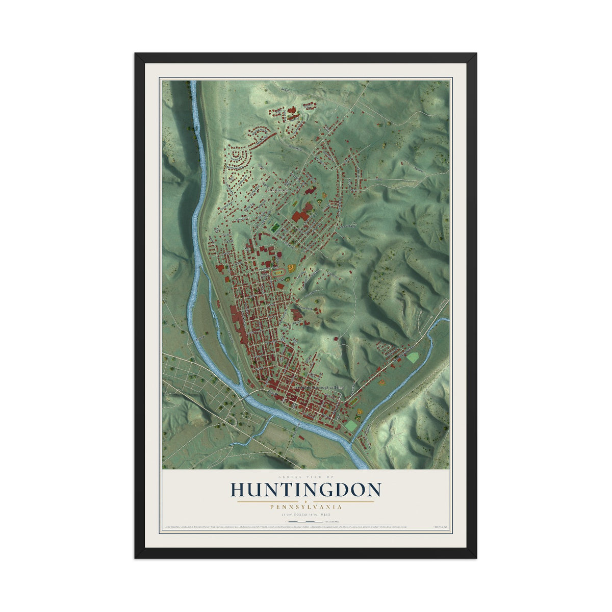 Map of Huntingdon, Pennsylvania, 12 x 18 inch print in a black wood frame