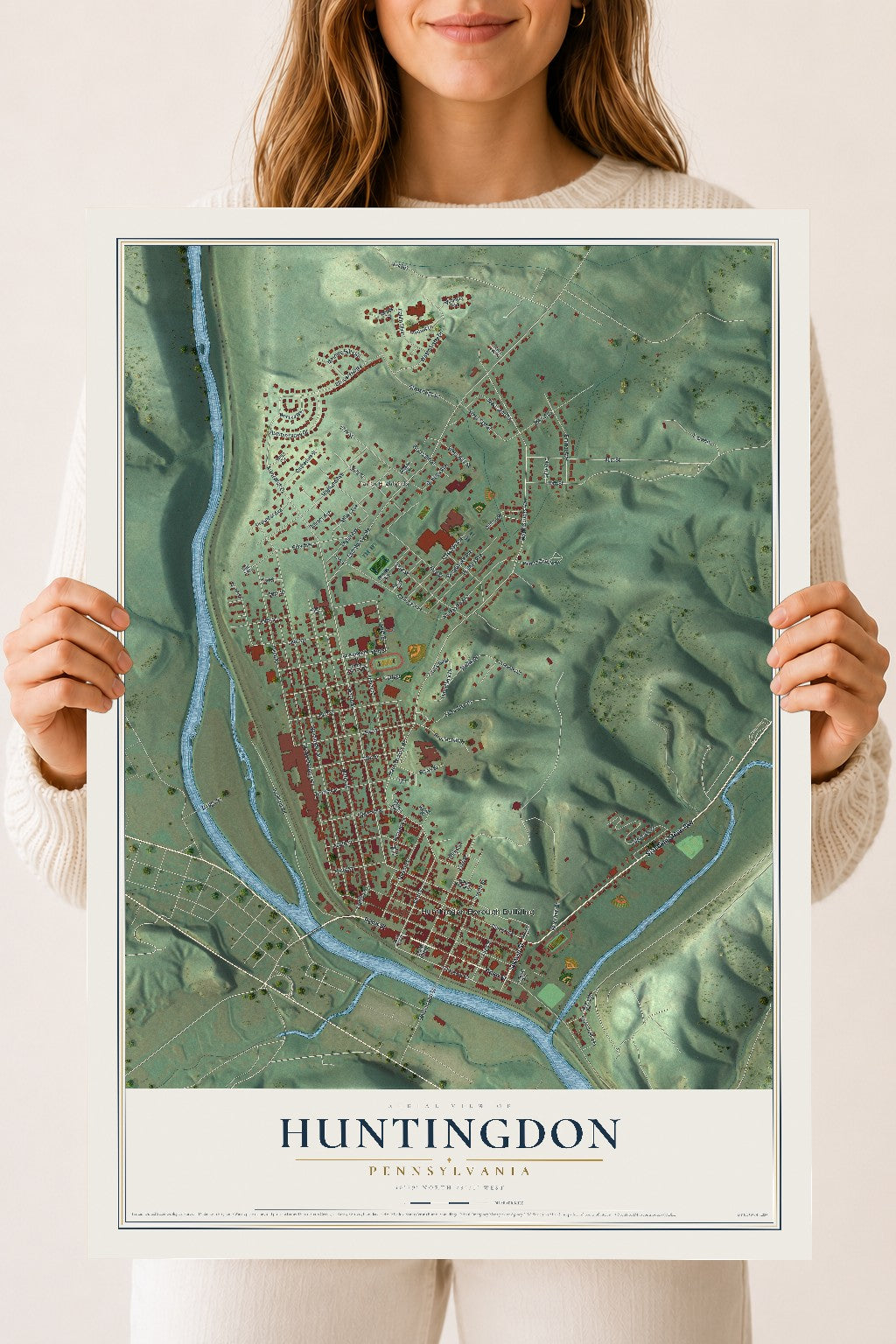 Map of Huntingdon, Pennsylvania, 18 x 24 inch unframed archival matte print