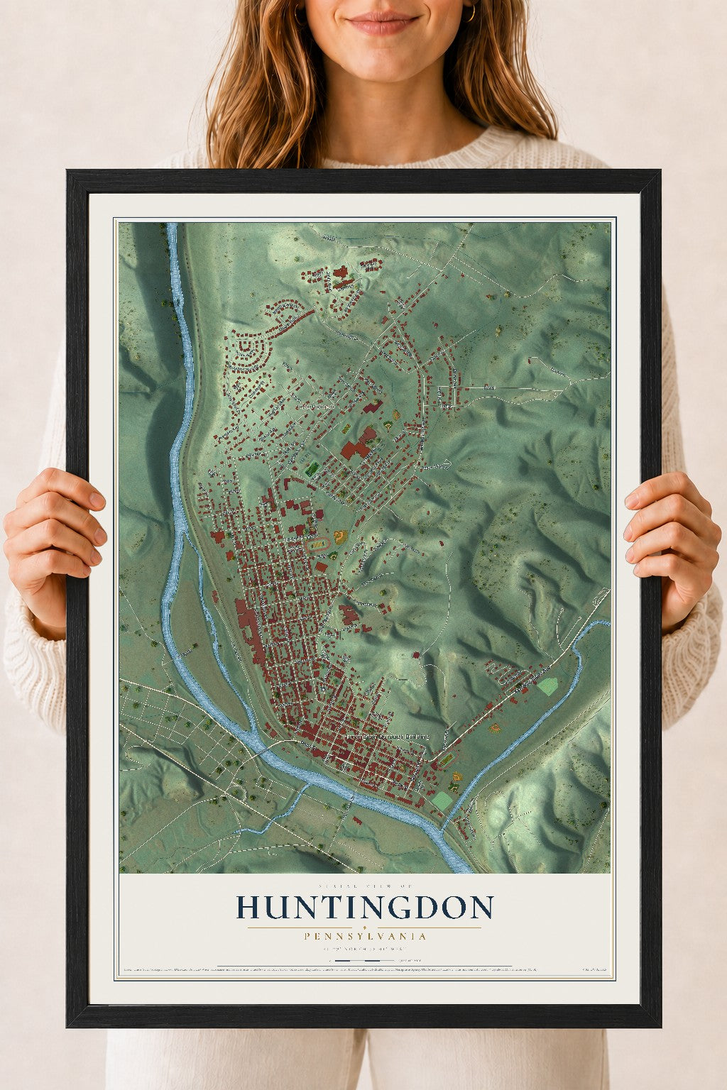 Map of Huntingdon, Pennsylvania, 18 x 24 inch print in a black wood frame