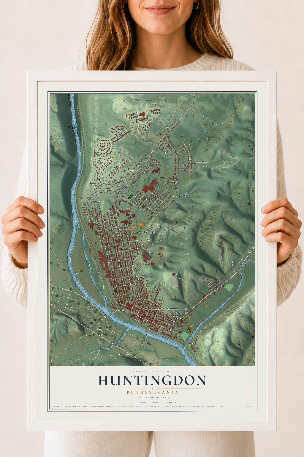 Map of Huntingdon, Pennsylvania, 18 x 24 inch print in a white wood frame