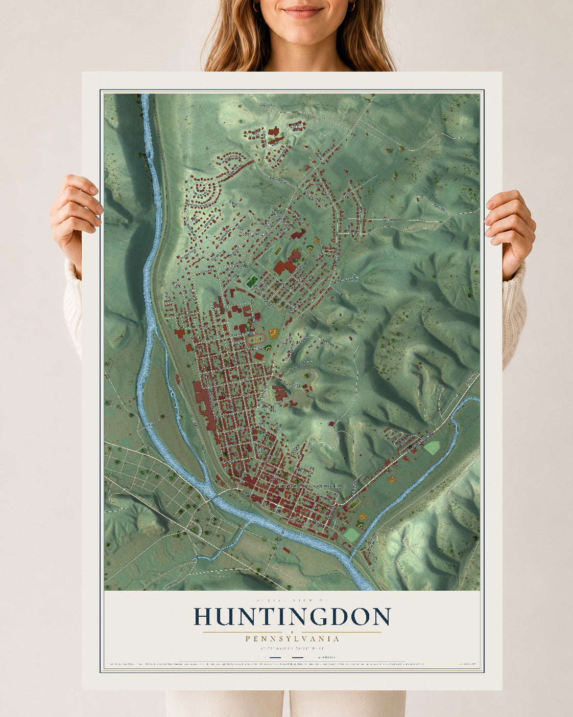 Map of Huntingdon, Pennsylvania, 24 x 36 inch unframed archival matte print