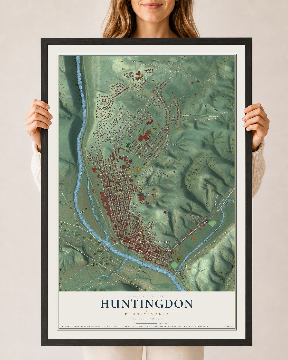 Map of Huntingdon, Pennsylvania, 24 x 36 inch print in a black wood frame