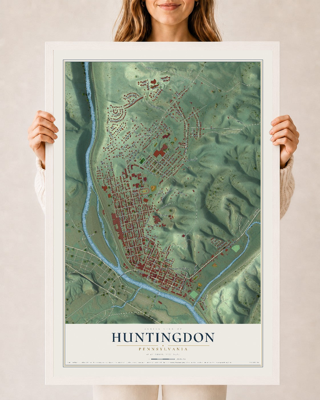 Map of Huntingdon, Pennsylvania, 24 x 36 inch print in a white wood frame