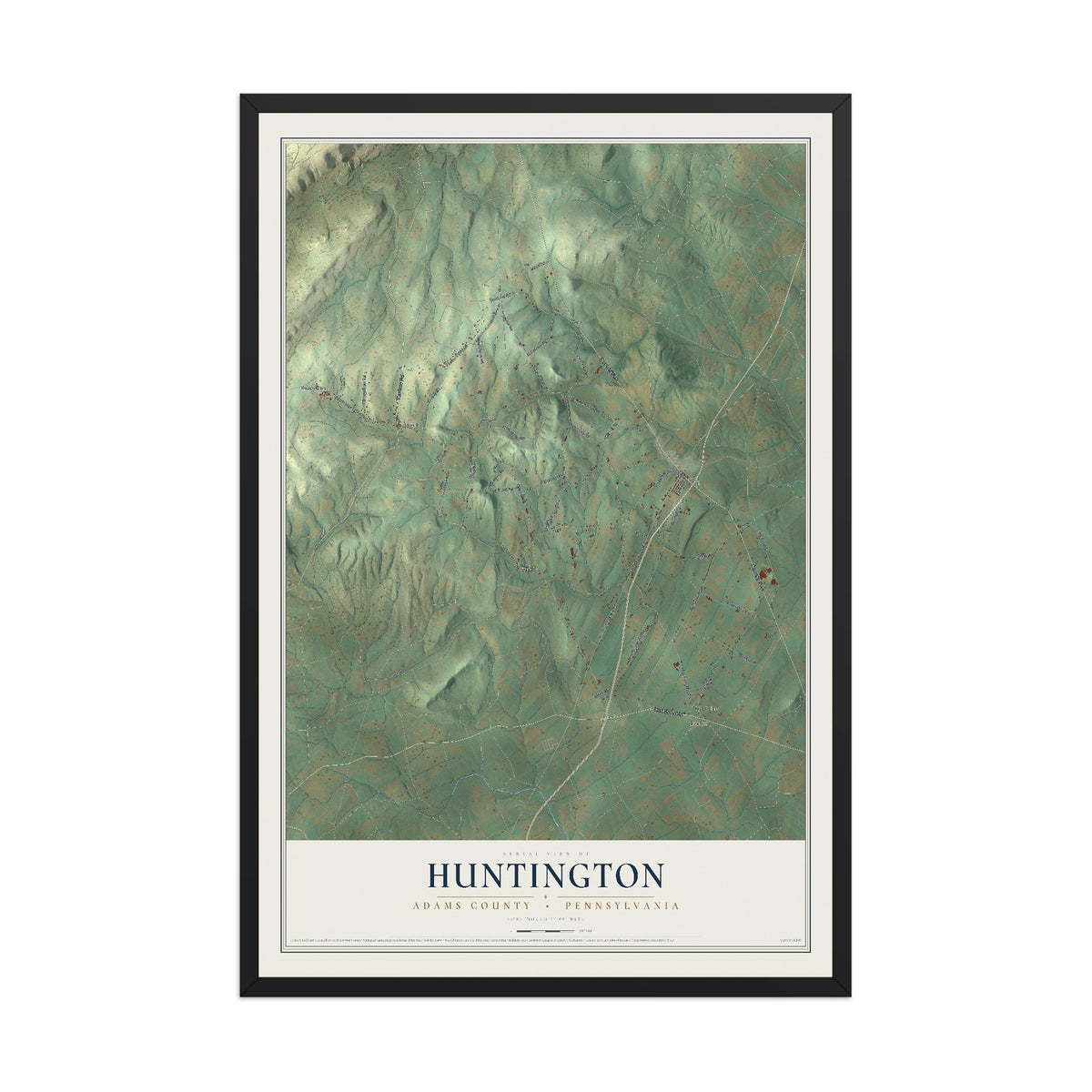 Map of Huntington, Adams County, Pennsylvania, 12 x 18 inch print in a black wood frame
