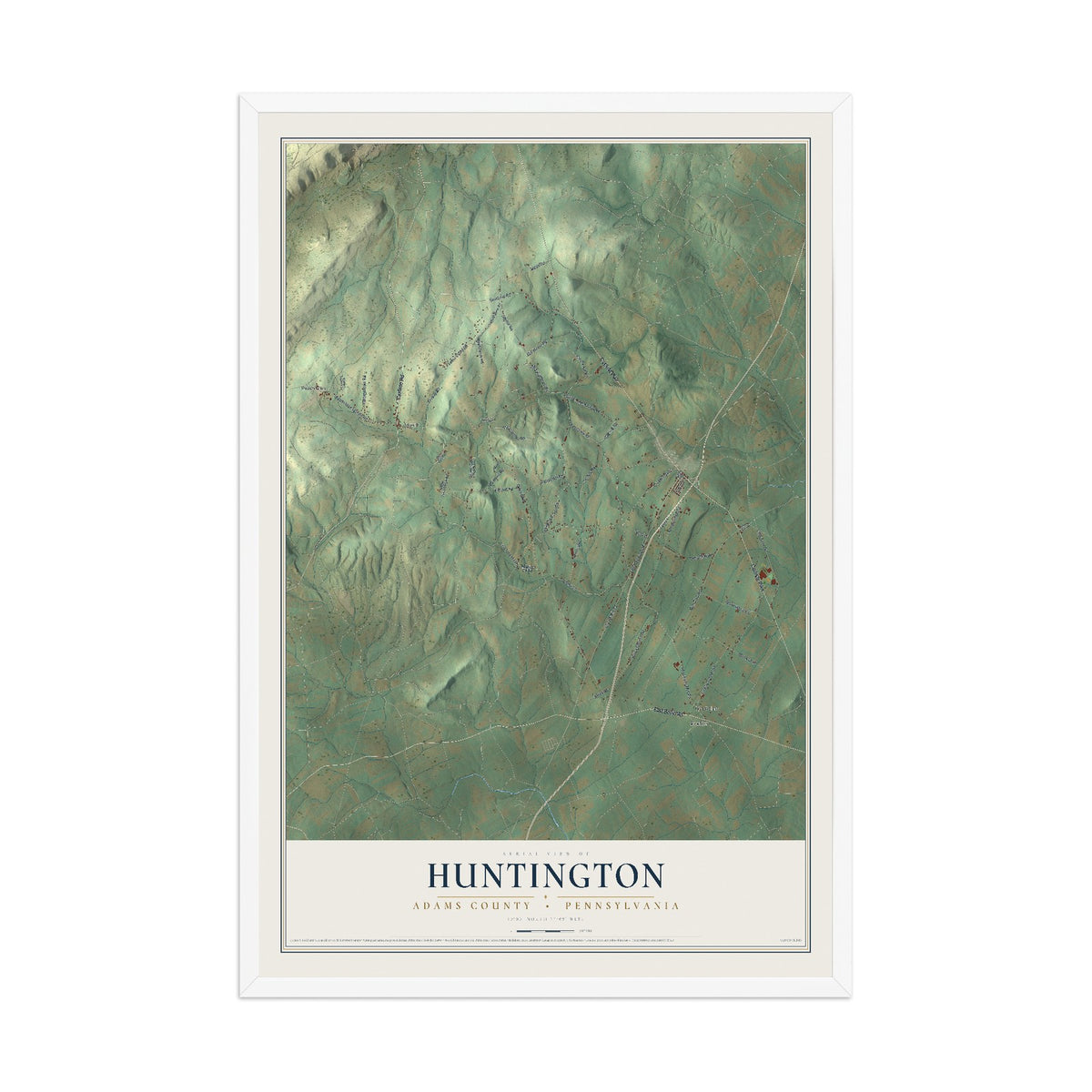Map of Huntington, Adams County, Pennsylvania, 12 x 18 inch print in a white wood frame