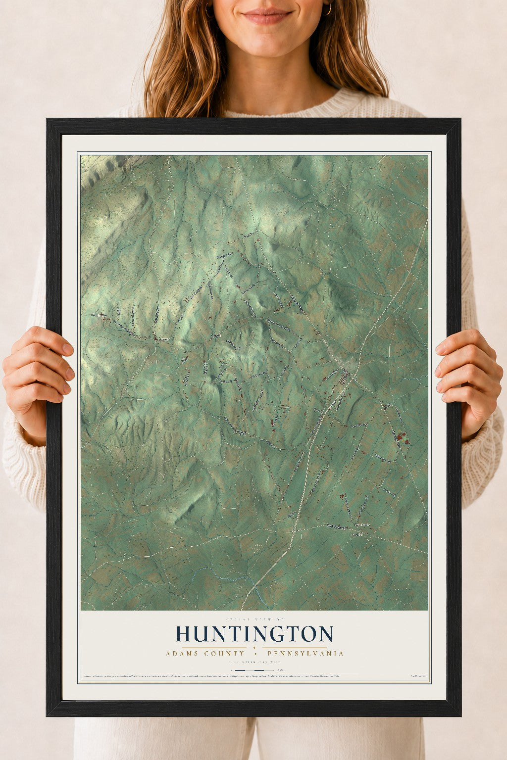 Map of Huntington, Adams County, Pennsylvania, 18 x 24 inch print in a black wood frame