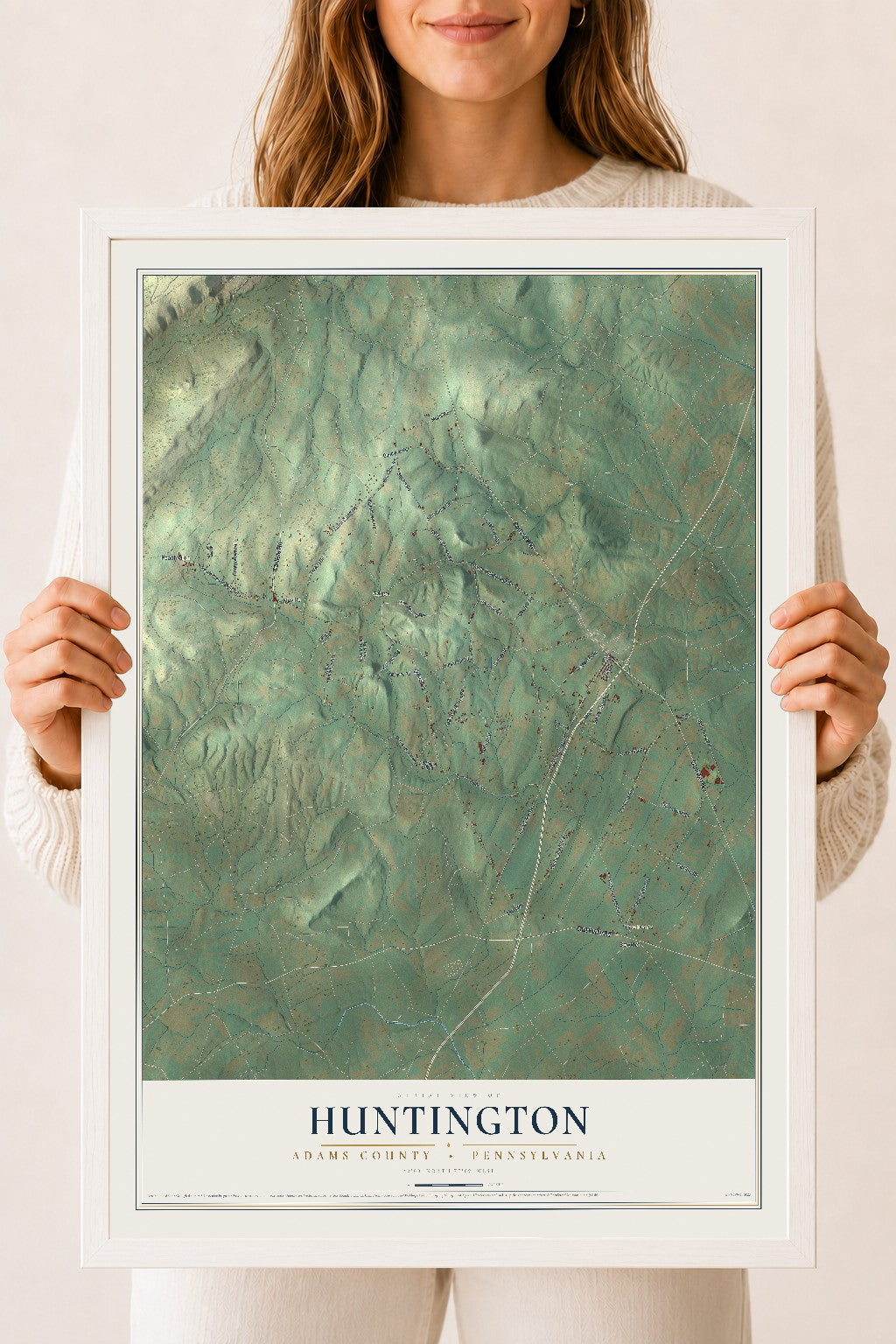 Map of Huntington, Adams County, Pennsylvania, 18 x 24 inch print in a white wood frame