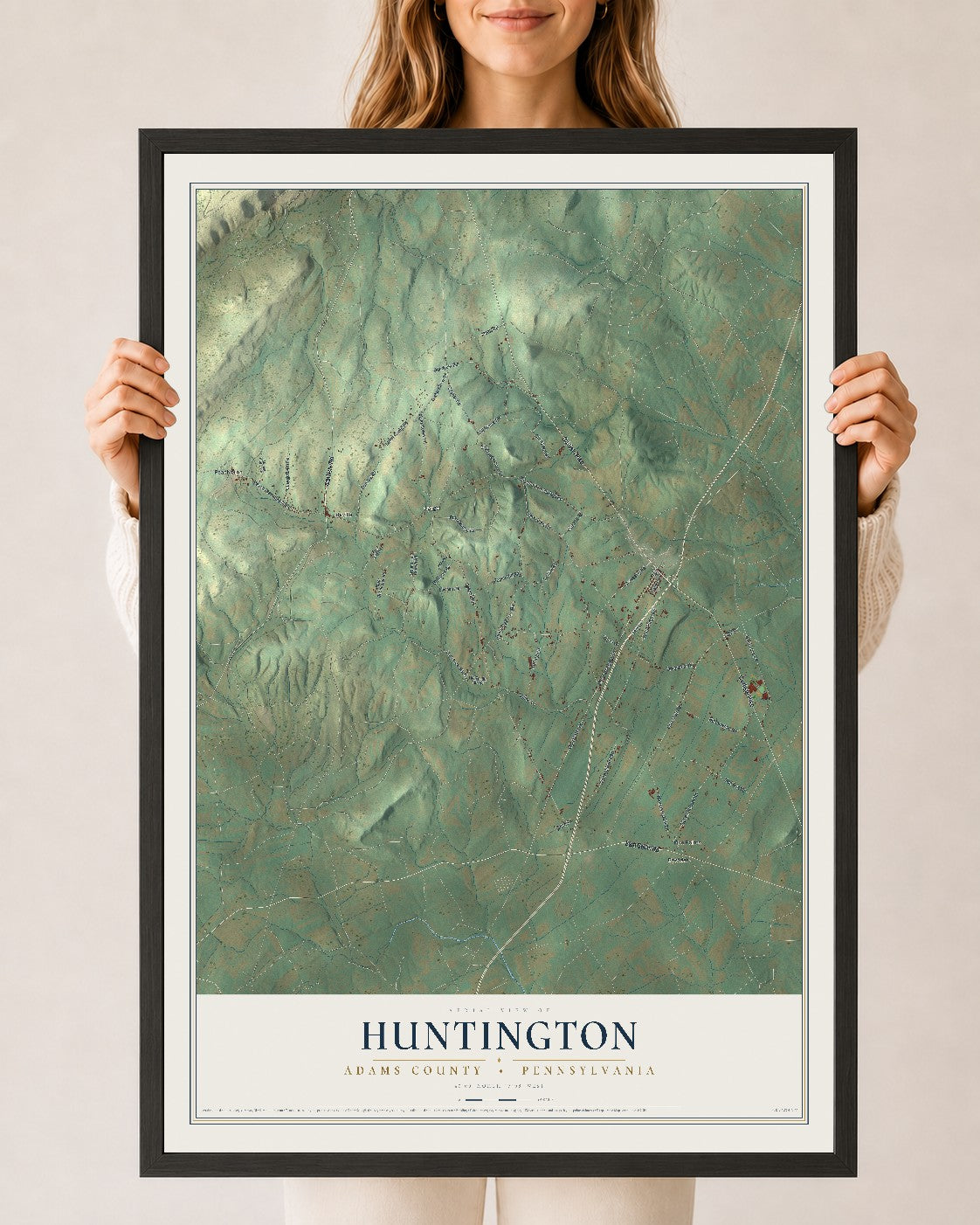 Map of Huntington, Adams County, Pennsylvania, 24 x 36 inch print in a black wood frame