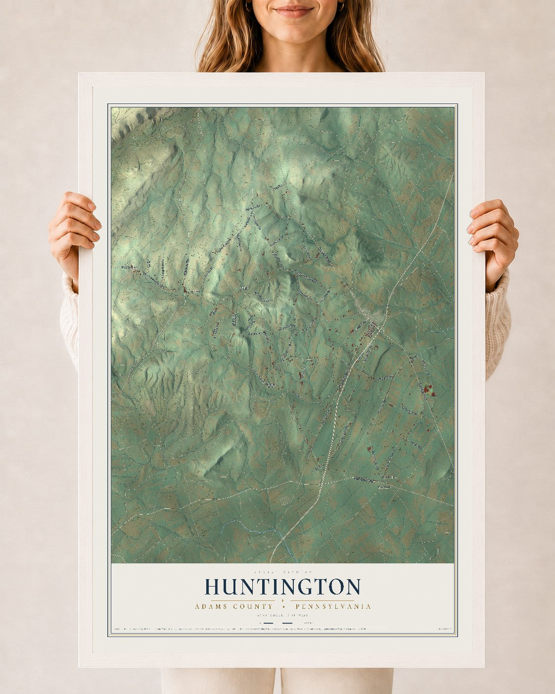 Map of Huntington, Adams County, Pennsylvania, 24 x 36 inch print in a white wood frame