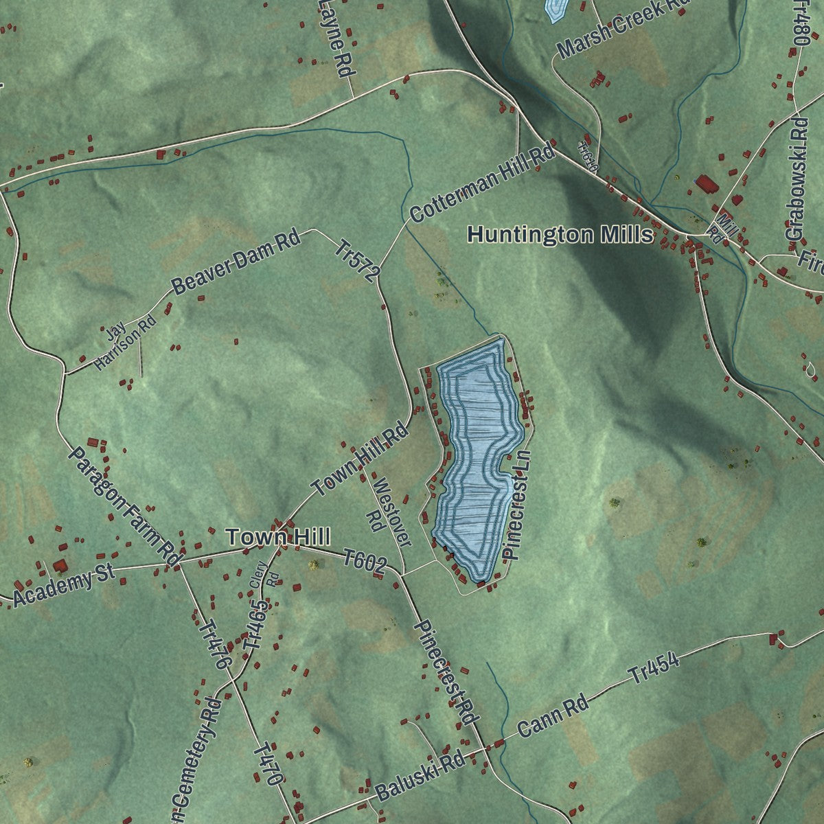 Close-up of the map of Huntington, Luzerne County, Pennsylvania print showing street and building detail