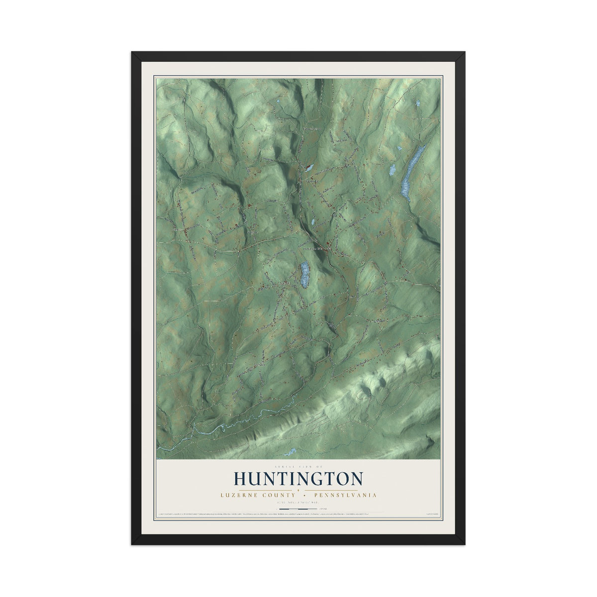 Map of Huntington, Luzerne County, Pennsylvania, 12 x 18 inch print in a black wood frame
