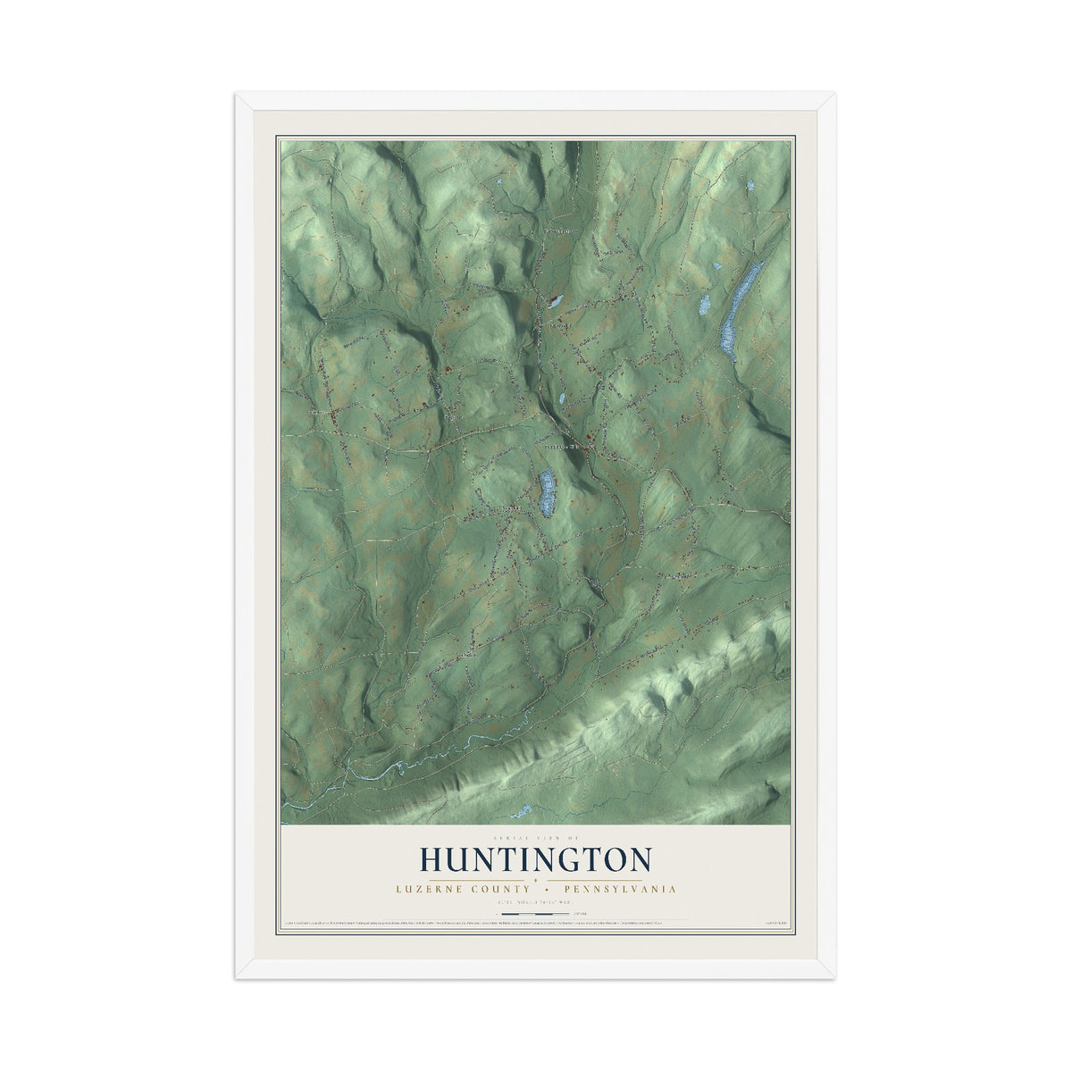 Map of Huntington, Luzerne County, Pennsylvania, 12 x 18 inch print in a white wood frame