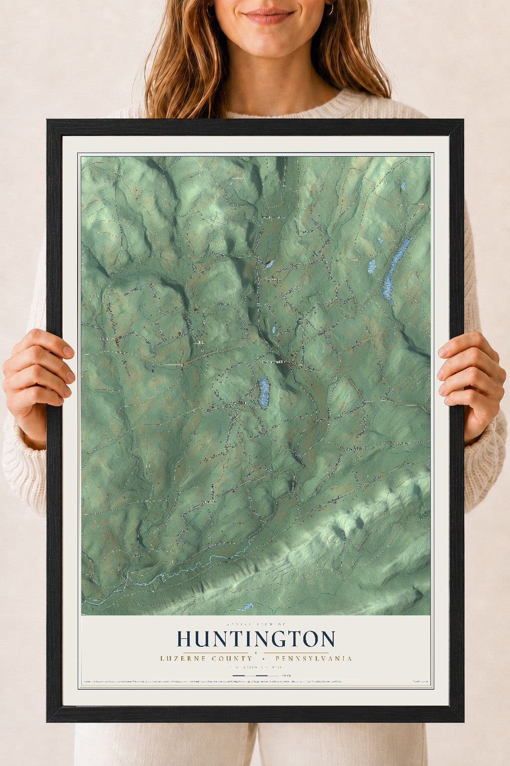 Map of Huntington, Luzerne County, Pennsylvania, 18 x 24 inch print in a black wood frame