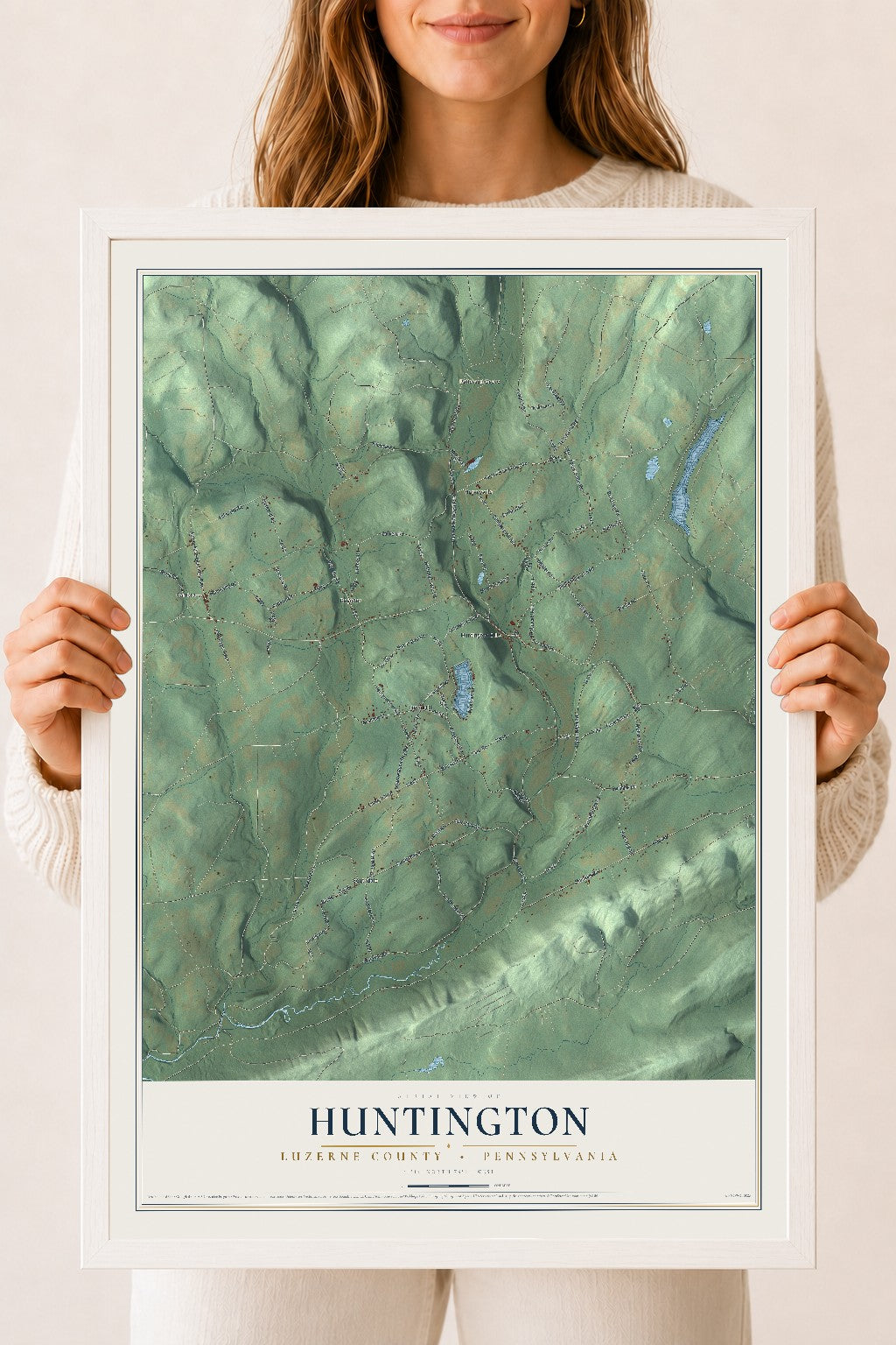 Map of Huntington, Luzerne County, Pennsylvania, 18 x 24 inch print in a white wood frame