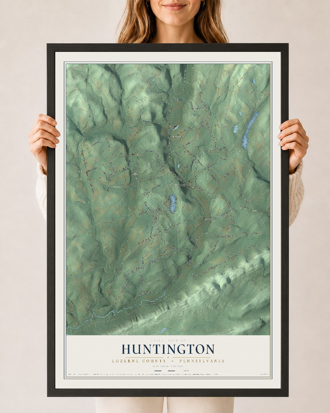 Map of Huntington, Luzerne County, Pennsylvania, 24 x 36 inch print in a black wood frame
