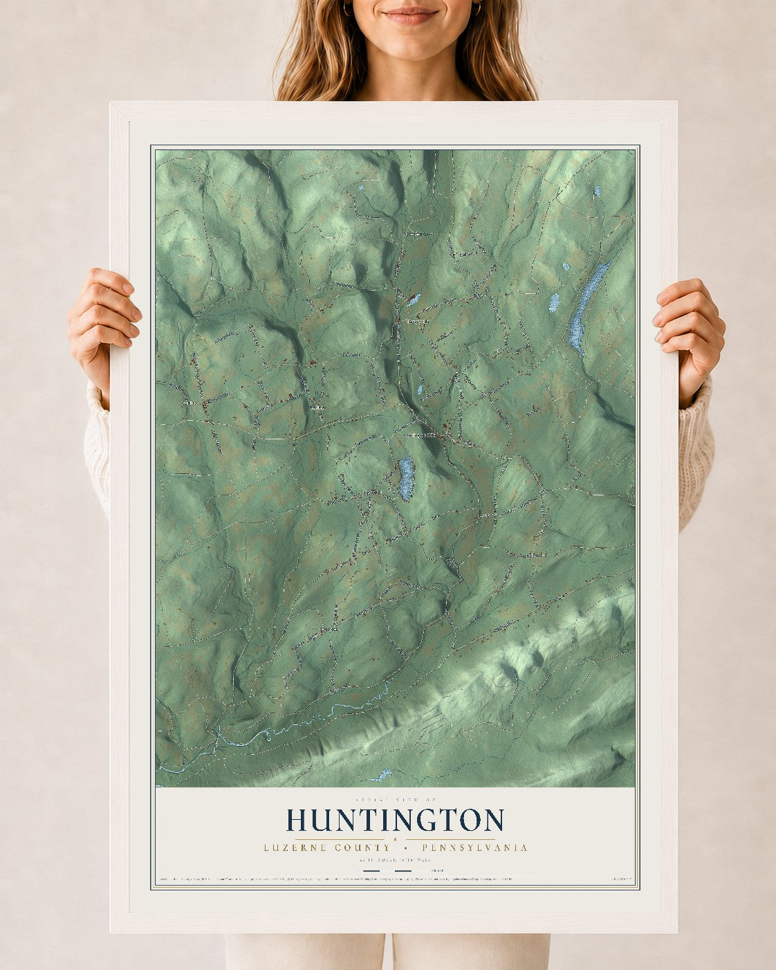 Map of Huntington, Luzerne County, Pennsylvania, 24 x 36 inch print in a white wood frame
