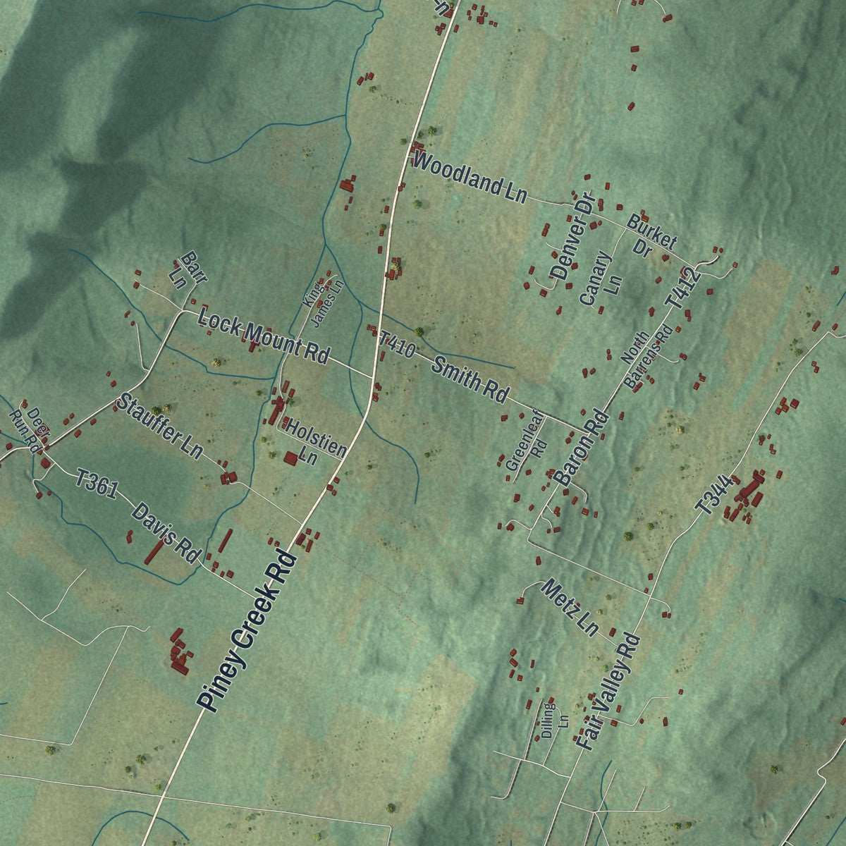 Second close-up of the map of Huston, Blair County, Pennsylvania print showing more streets and buildings