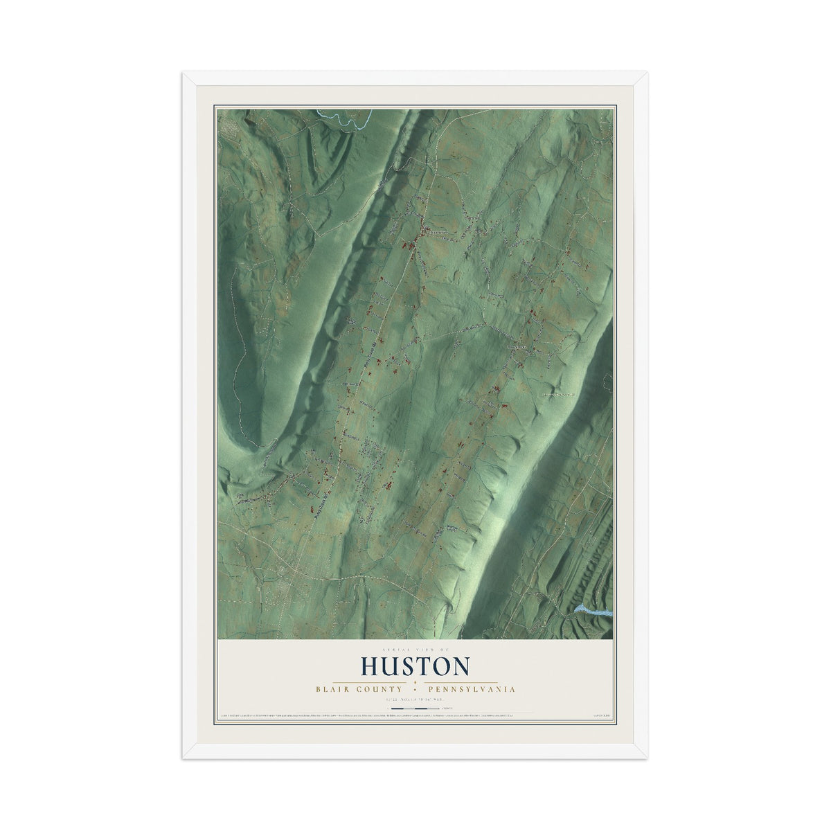 Map of Huston, Blair County, Pennsylvania, 12 x 18 inch print in a white wood frame
