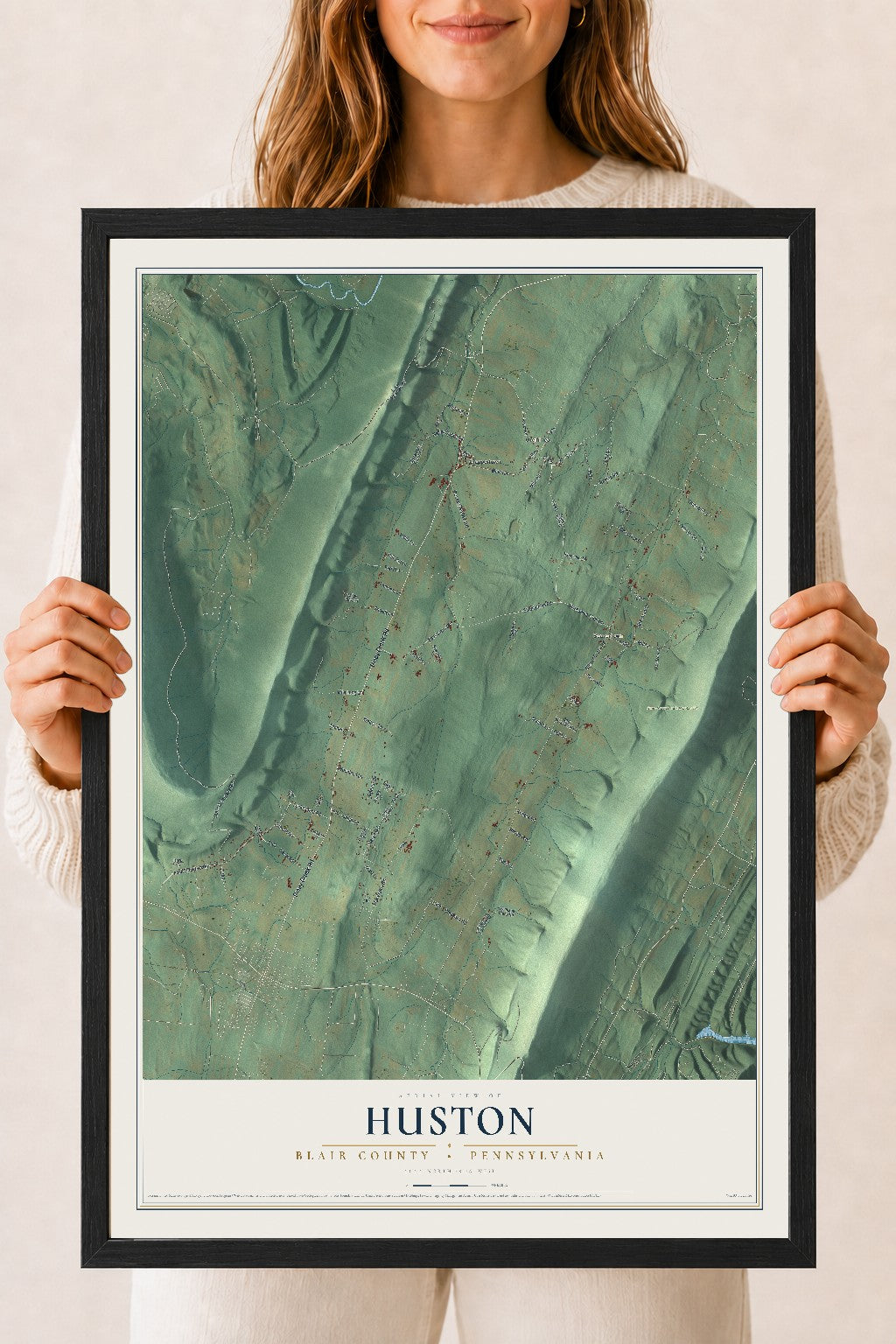 Map of Huston, Blair County, Pennsylvania, 18 x 24 inch print in a black wood frame