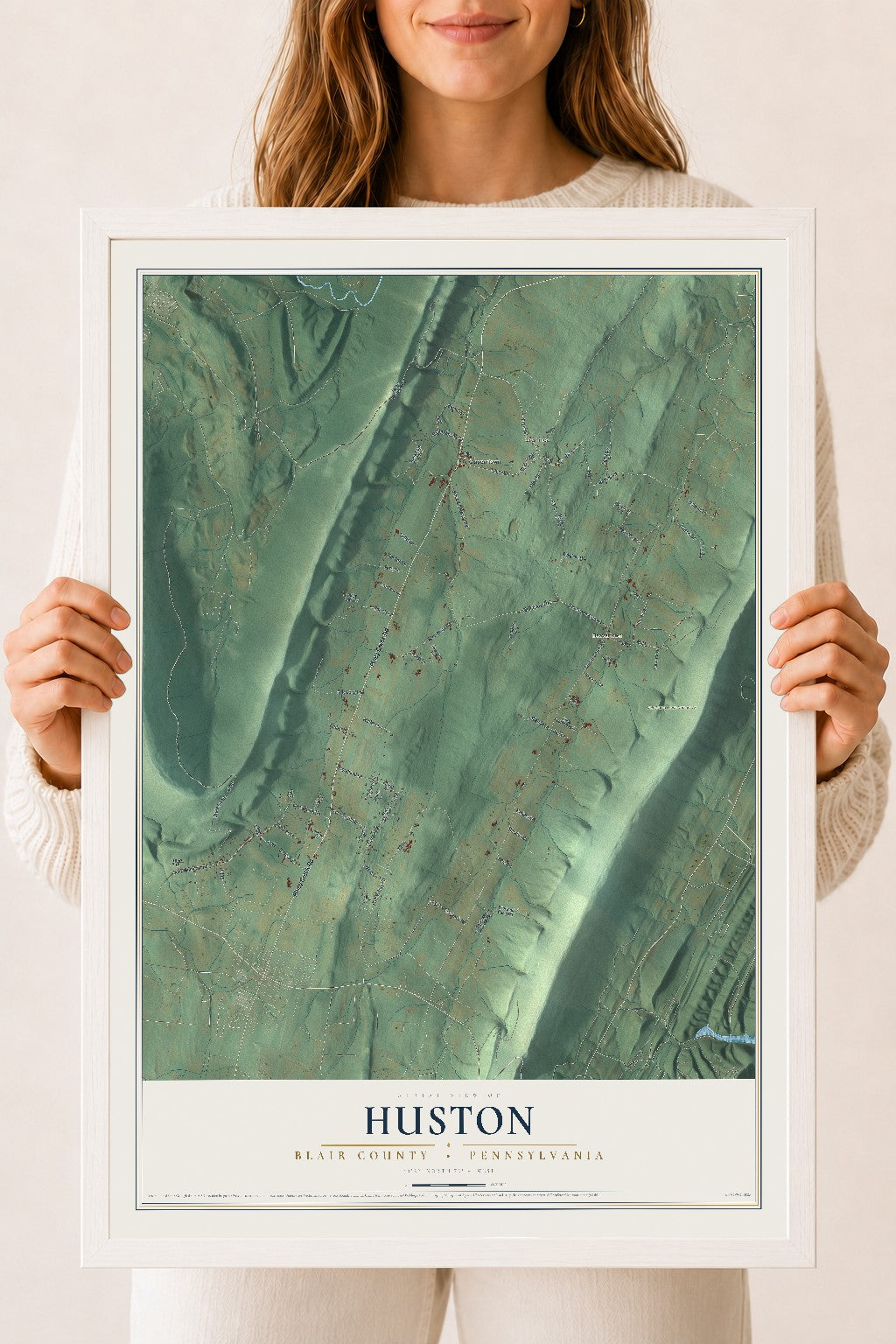 Map of Huston, Blair County, Pennsylvania, 18 x 24 inch print in a white wood frame