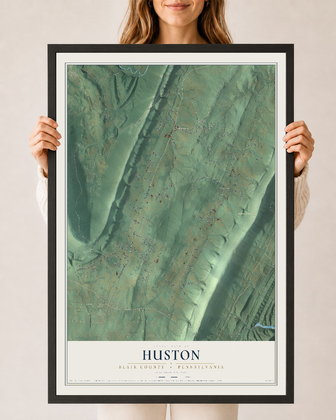 Map of Huston, Blair County, Pennsylvania, 24 x 36 inch print in a black wood frame