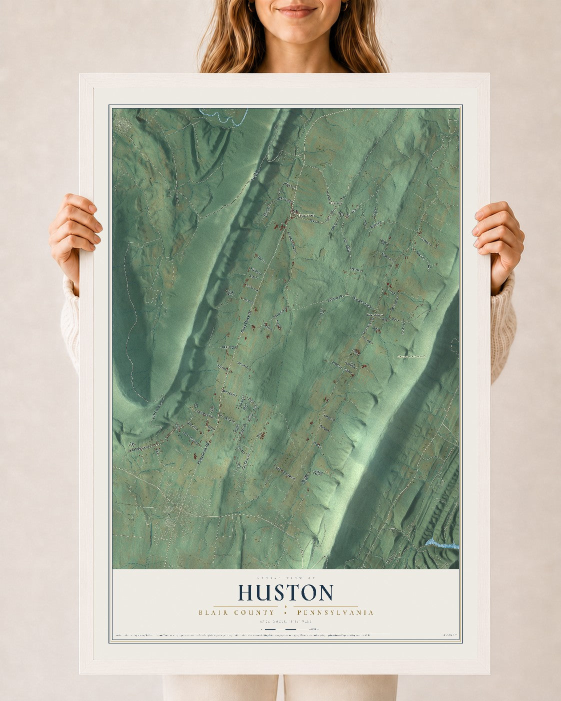 Map of Huston, Blair County, Pennsylvania, 24 x 36 inch print in a white wood frame