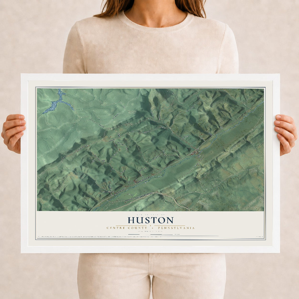 Map of Huston, Centre County, Pennsylvania, 12 x 18 inch print in a white wood frame
