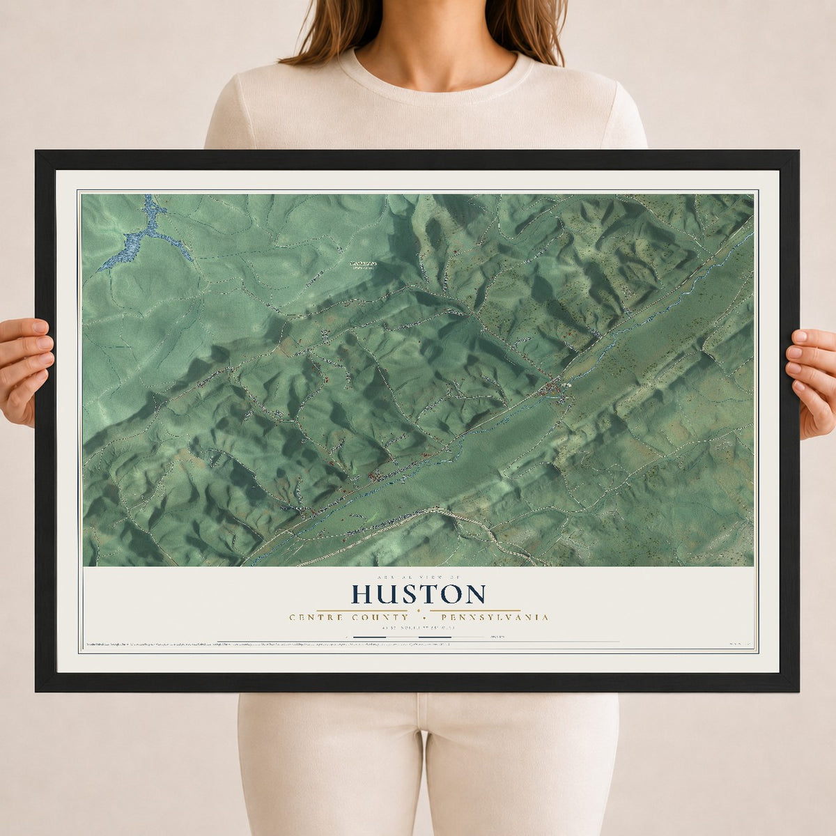Map of Huston, Centre County, Pennsylvania, 18 x 24 inch print in a black wood frame