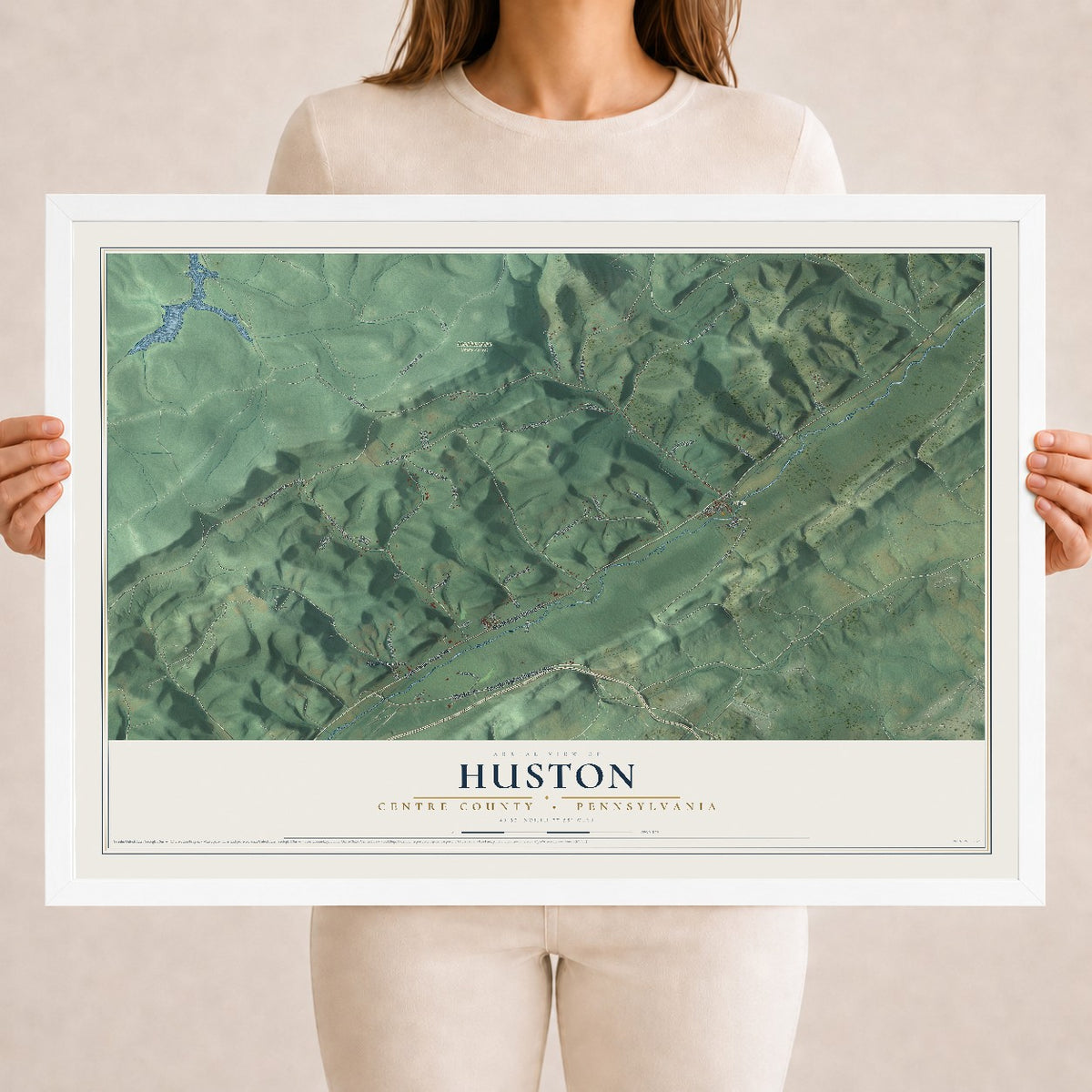 Map of Huston, Centre County, Pennsylvania, 18 x 24 inch print in a white wood frame