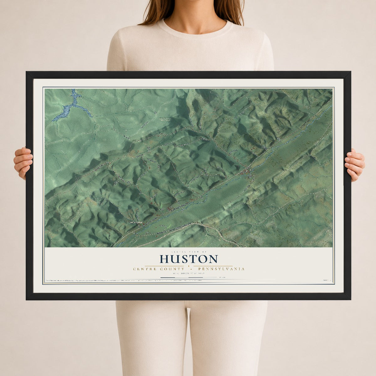 Map of Huston, Centre County, Pennsylvania, 24 x 36 inch print in a black wood frame