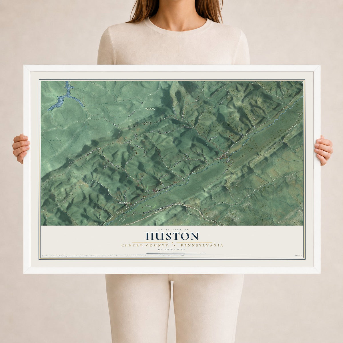 Map of Huston, Centre County, Pennsylvania, 24 x 36 inch print in a white wood frame
