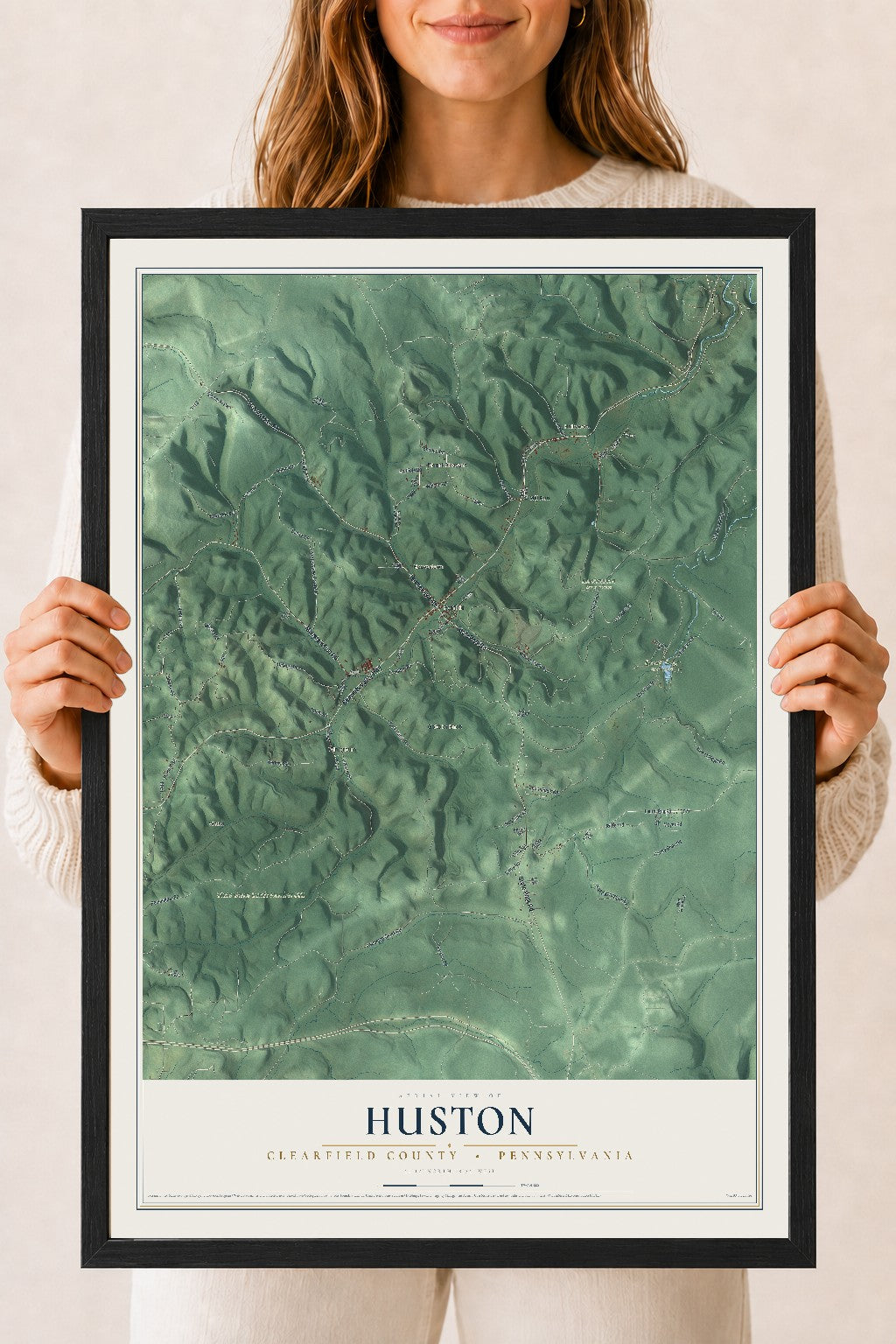 Map of Huston, Clearfield County, Pennsylvania, 18 x 24 inch print in a black wood frame