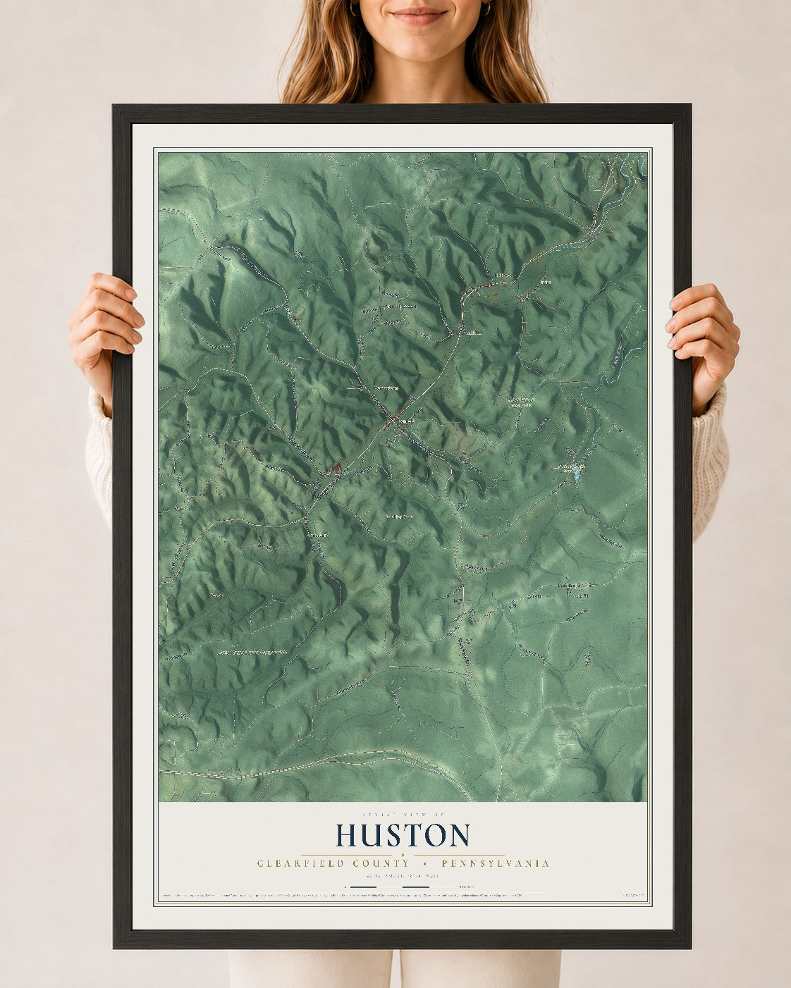 Map of Huston, Clearfield County, Pennsylvania, 24 x 36 inch print in a black wood frame
