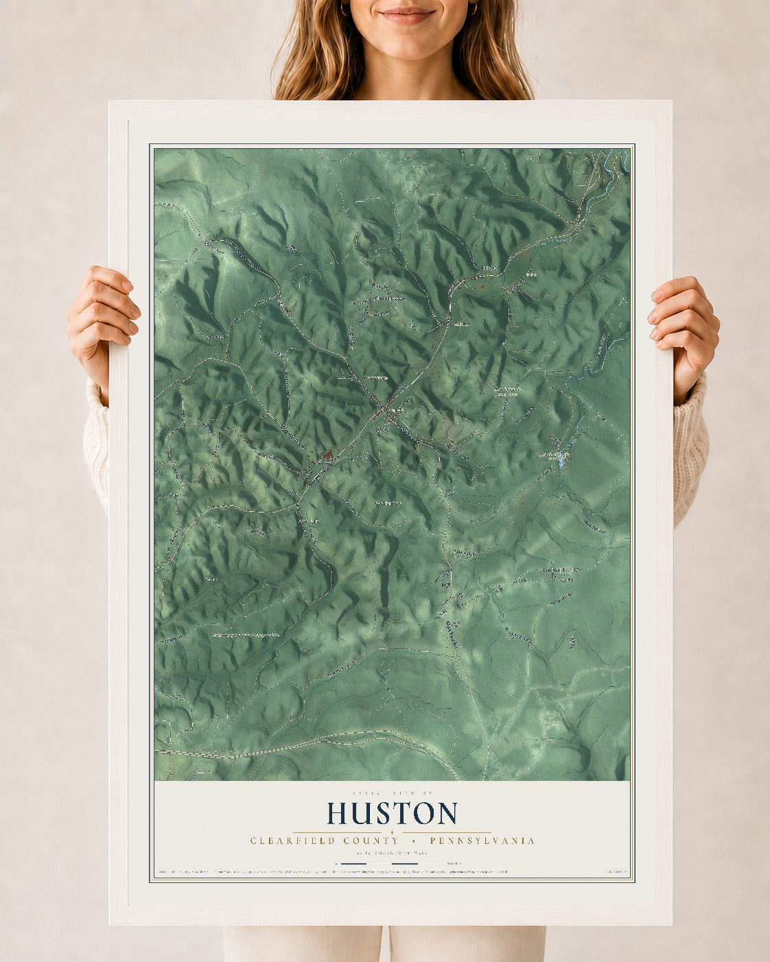 Map of Huston, Clearfield County, Pennsylvania, 24 x 36 inch print in a white wood frame