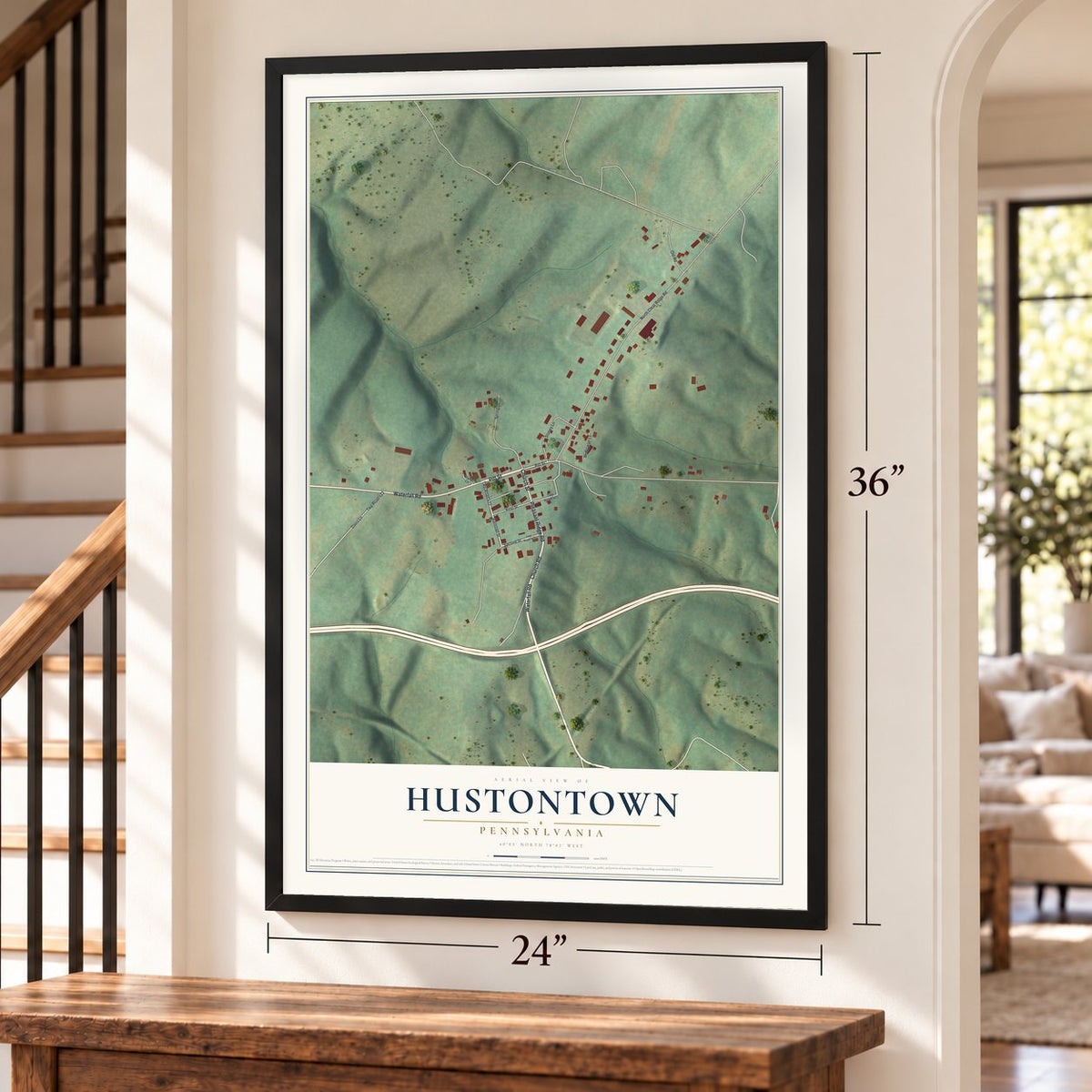 Hustontown, Pennsylvania map, 24 x 36 inch print in a black frame by a staircase