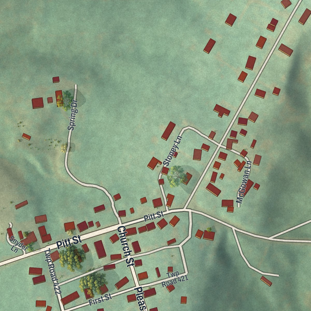 Close-up of the map of Hustontown, Pennsylvania print showing street and building detail