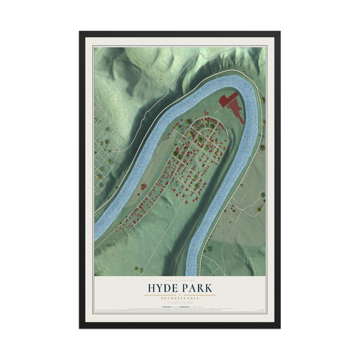 Map of Hyde Park, Pennsylvania, 12 x 18 inch print in a black wood frame