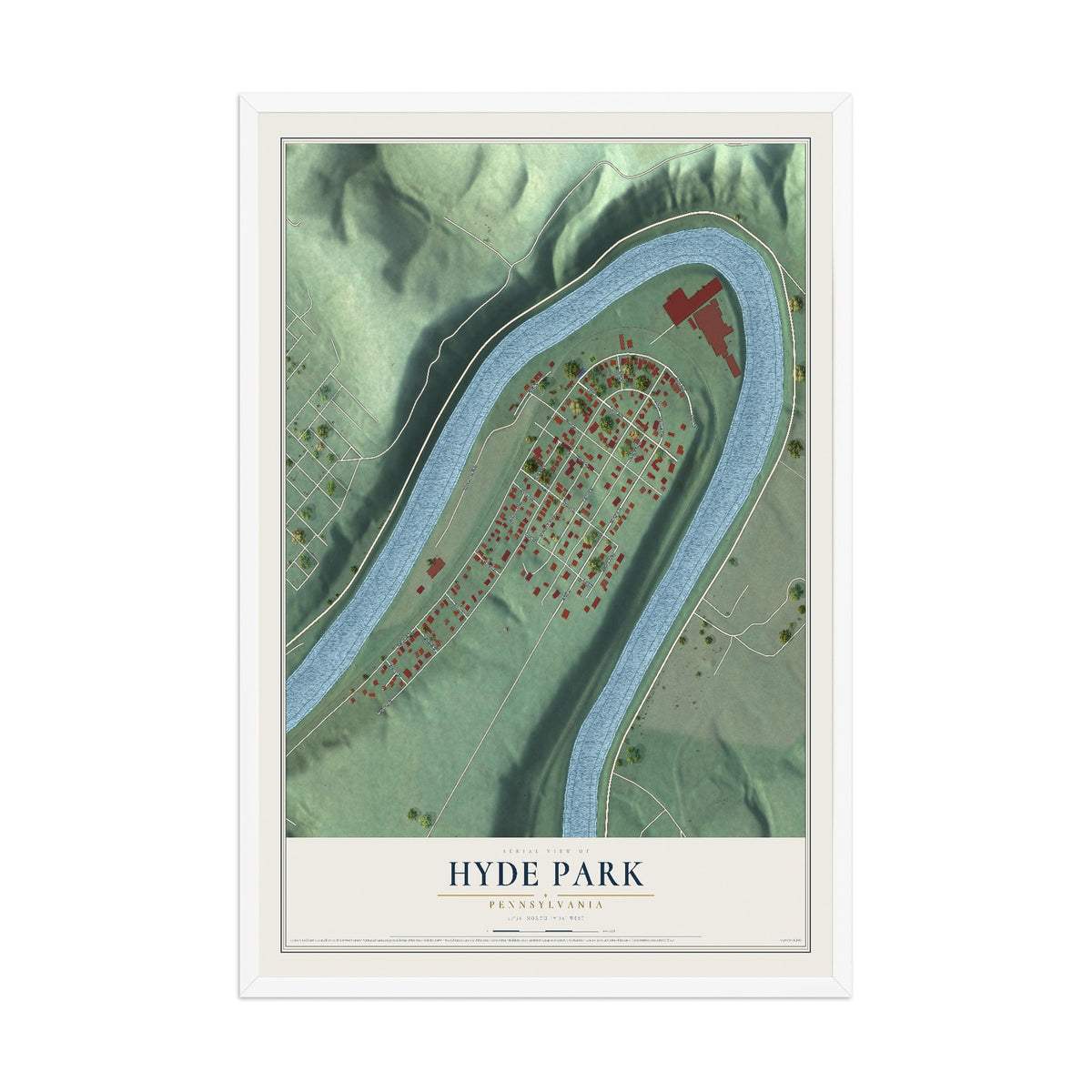 Map of Hyde Park, Pennsylvania, 12 x 18 inch print in a white wood frame