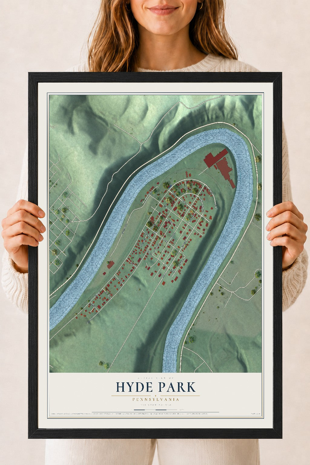 Map of Hyde Park, Pennsylvania, 18 x 24 inch print in a black wood frame