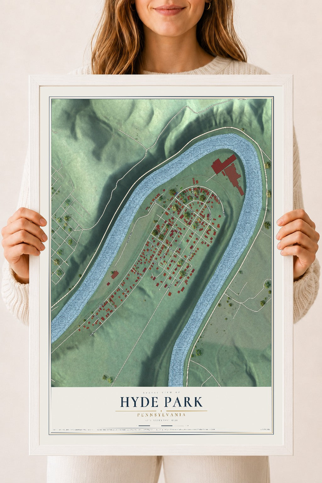 Map of Hyde Park, Pennsylvania, 18 x 24 inch print in a white wood frame