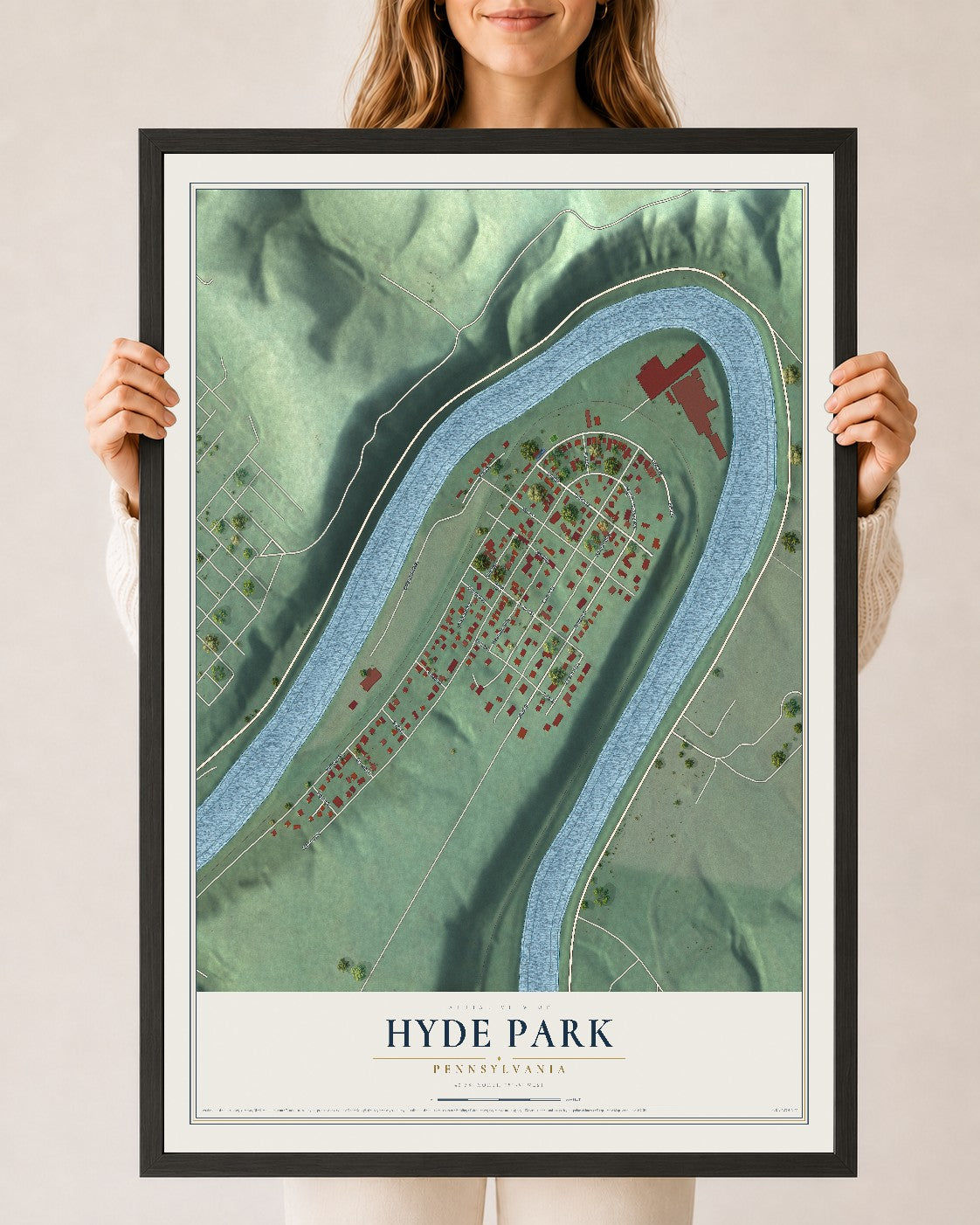 Map of Hyde Park, Pennsylvania, 24 x 36 inch print in a black wood frame