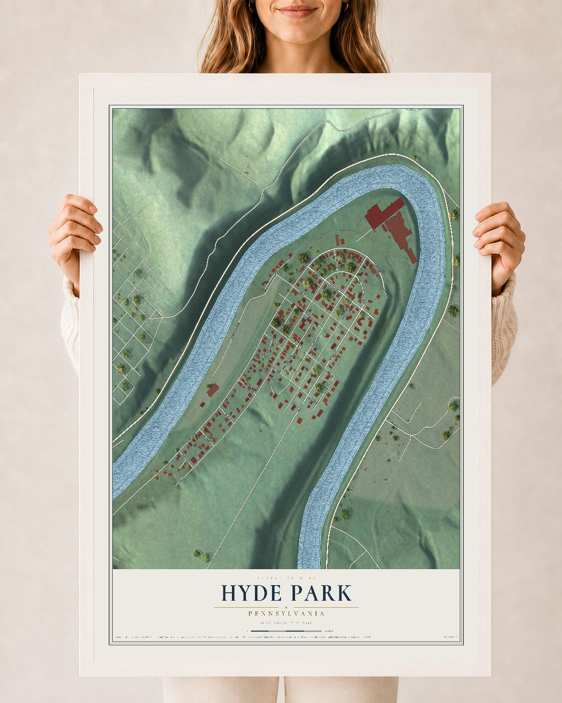 Map of Hyde Park, Pennsylvania, 24 x 36 inch print in a white wood frame