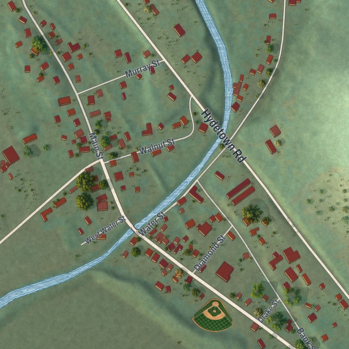 Close-up of the map of Hydetown, Pennsylvania print showing street and building detail
