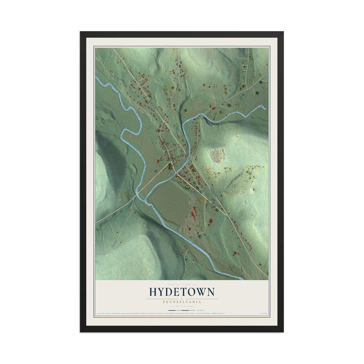 Map of Hydetown, Pennsylvania, 12 x 18 inch print in a black wood frame