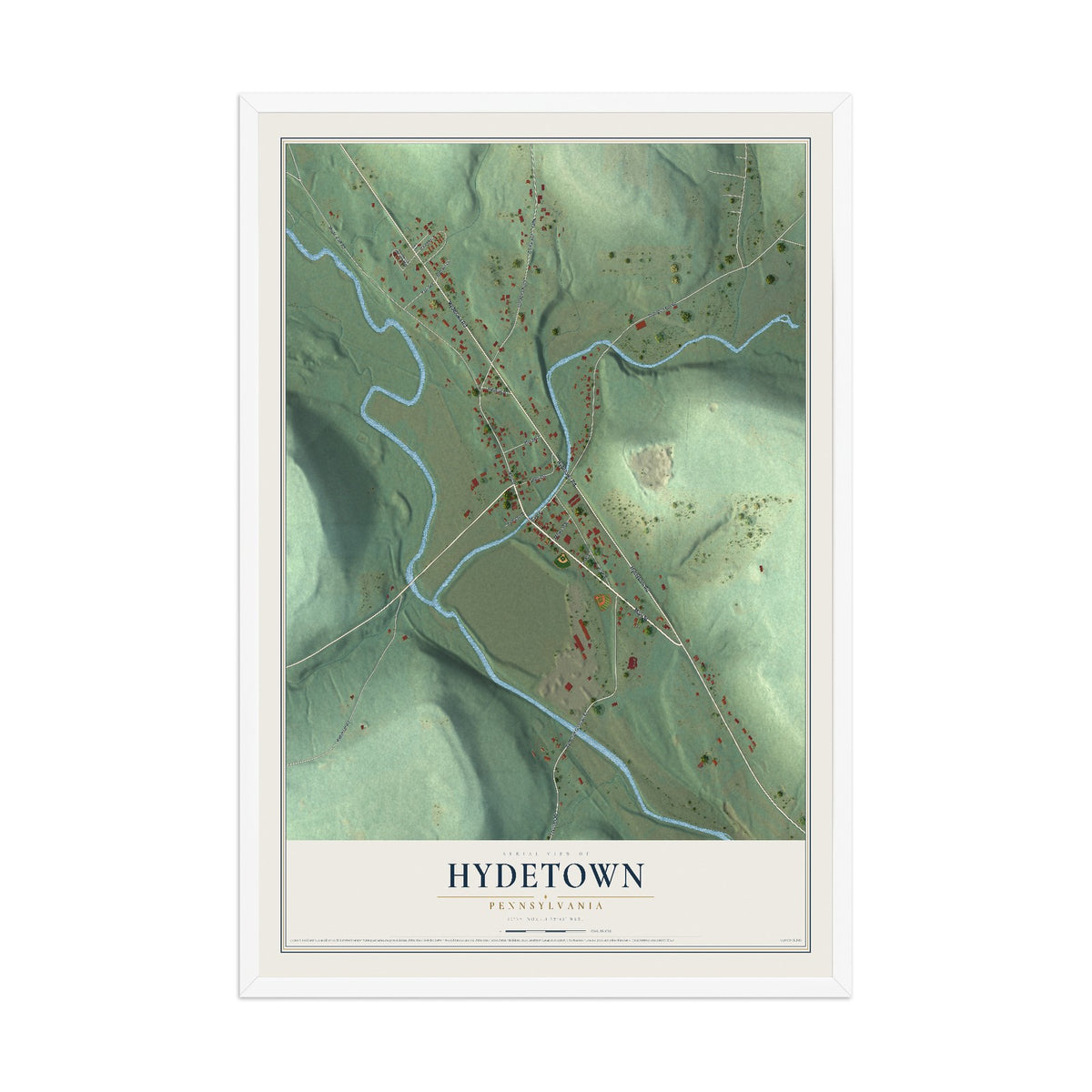 Map of Hydetown, Pennsylvania, 12 x 18 inch print in a white wood frame