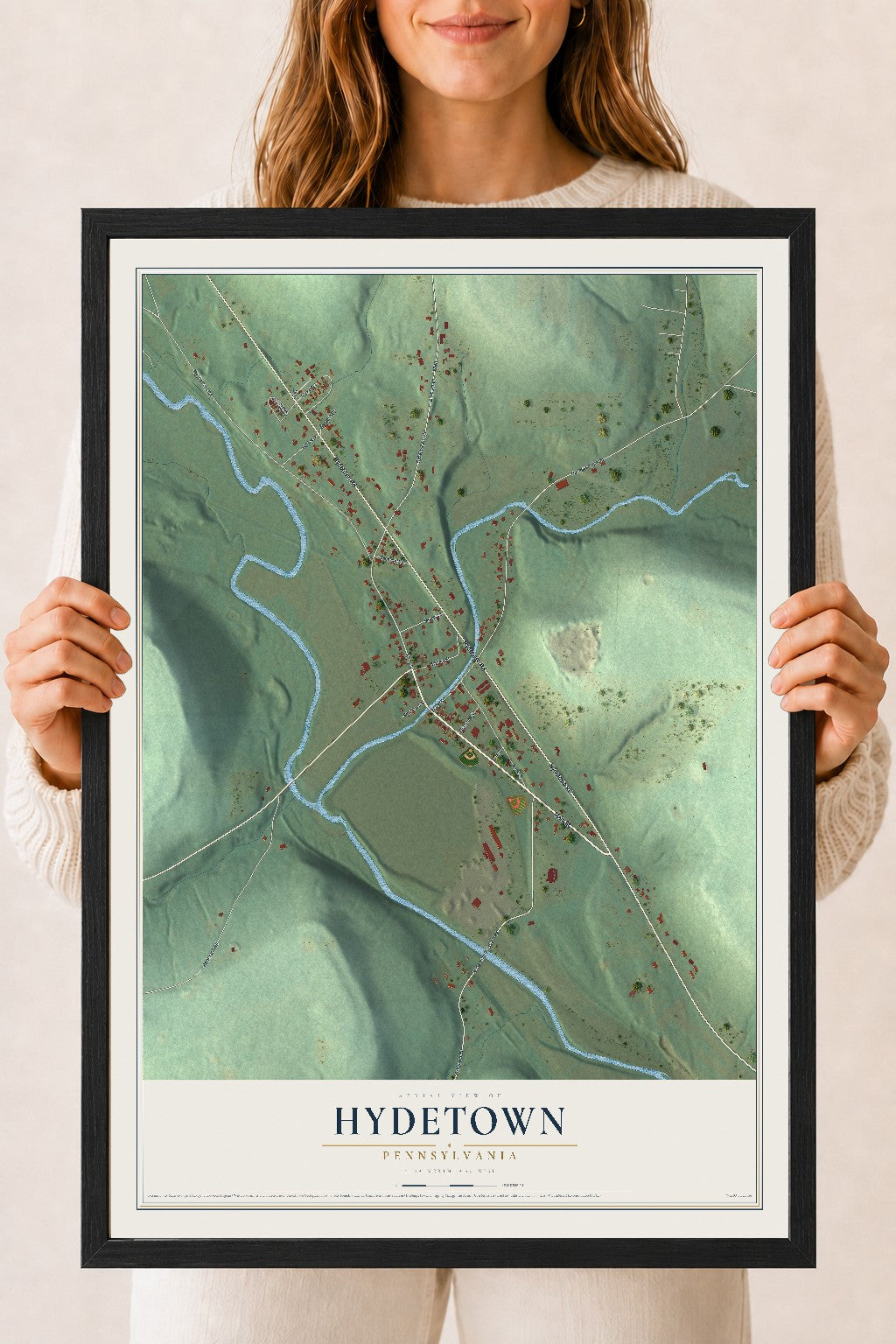 Map of Hydetown, Pennsylvania, 18 x 24 inch print in a black wood frame