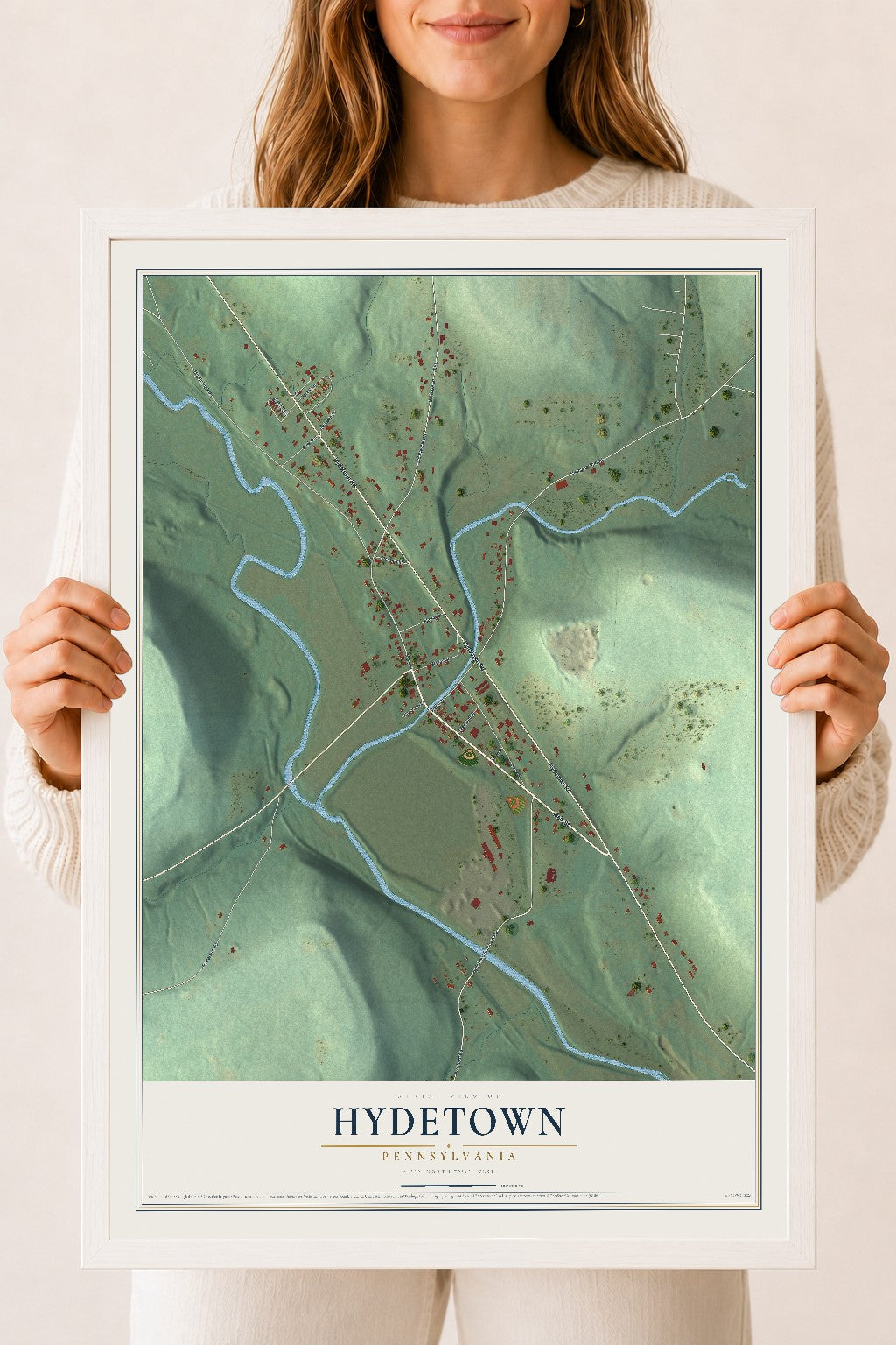 Map of Hydetown, Pennsylvania, 18 x 24 inch print in a white wood frame
