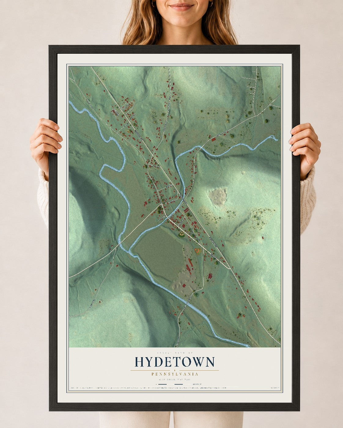 Map of Hydetown, Pennsylvania, 24 x 36 inch print in a black wood frame