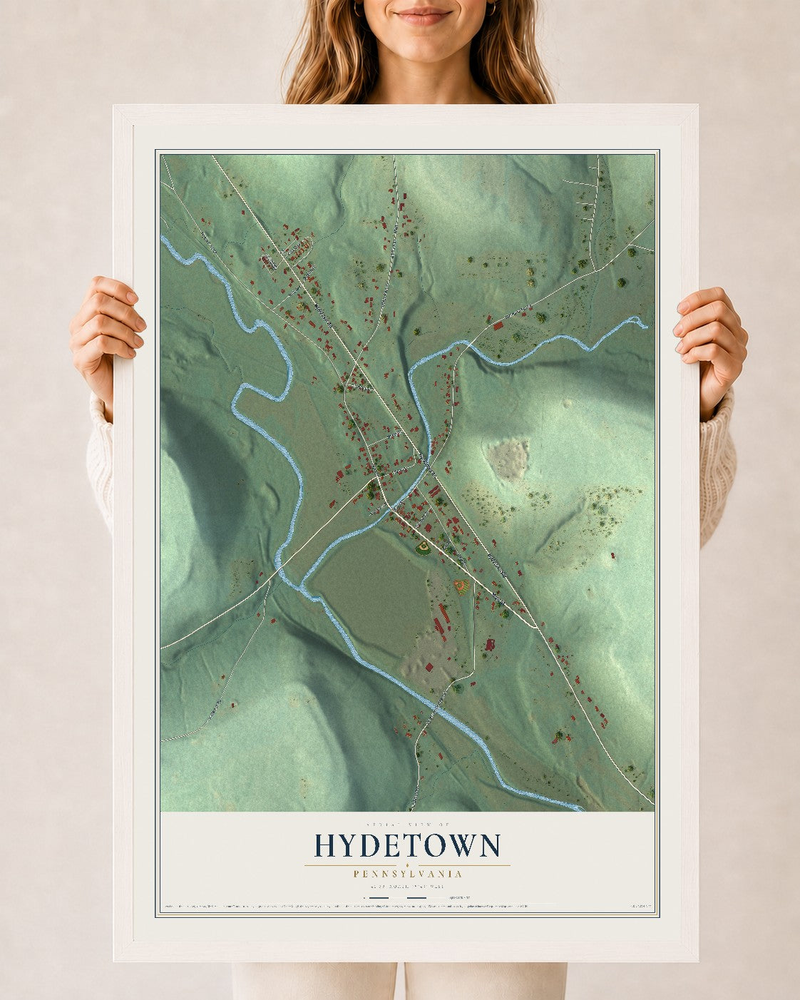 Map of Hydetown, Pennsylvania, 24 x 36 inch print in a white wood frame