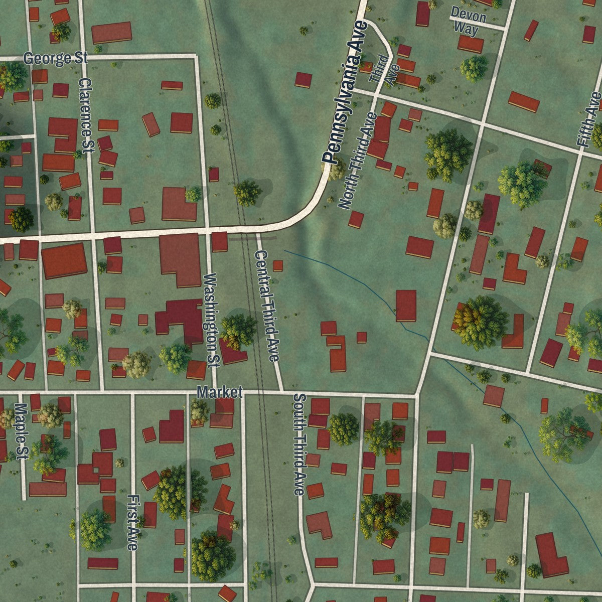 Close-up of the map of Hyndman, Pennsylvania print showing street and building detail